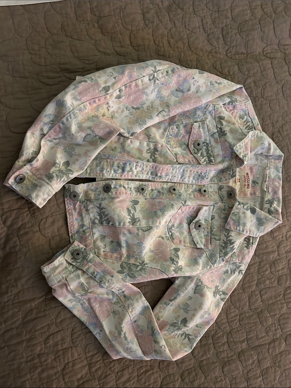 Mossimo Supply Co. juniors Pastel Floral Denim Jacket - Pink, Green, off-white.